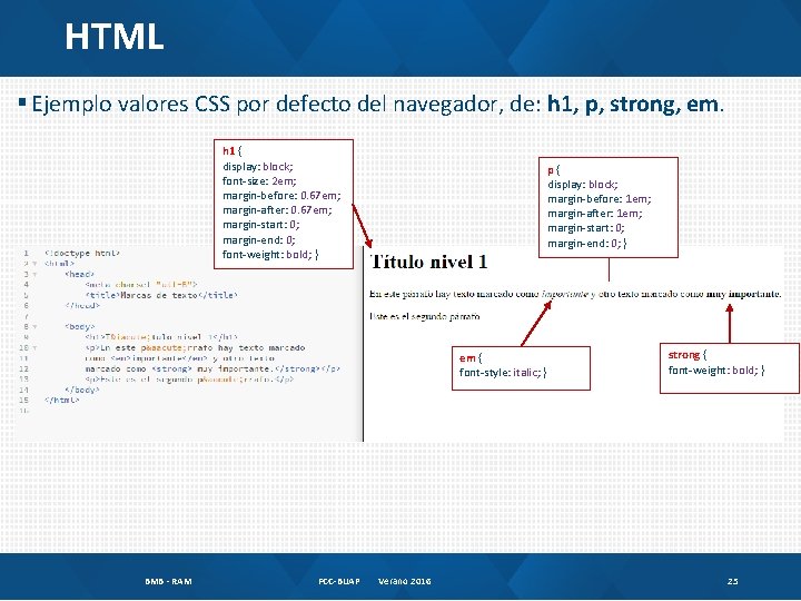 HTML § Ejemplo valores CSS por defecto del navegador, de: h 1, p, strong,