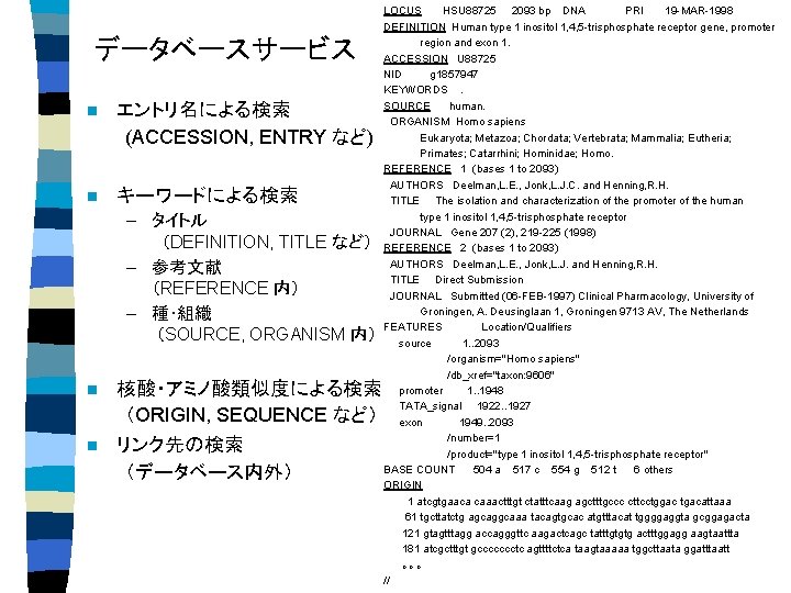 データベースサービス n エントリ名による検索 (ACCESSION, ENTRY など) n キーワードによる検索 – タイトル （DEFINITION, TITLE など） –