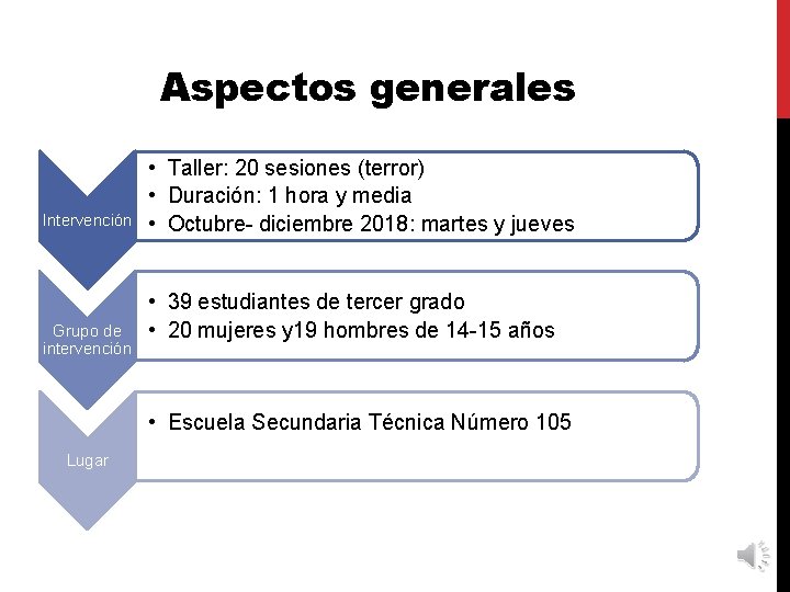 Aspectos generales Intervención Grupo de intervención • Taller: 20 sesiones (terror) • Duración: 1