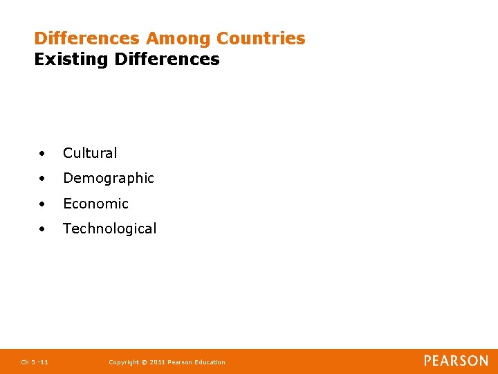 Differences Among Countries Existing Differences • Cultural • Demographic • Economic • Technological Ch