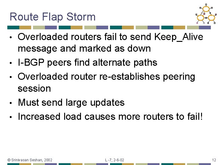 Route Flap Storm • • • Overloaded routers fail to send Keep_Alive message and