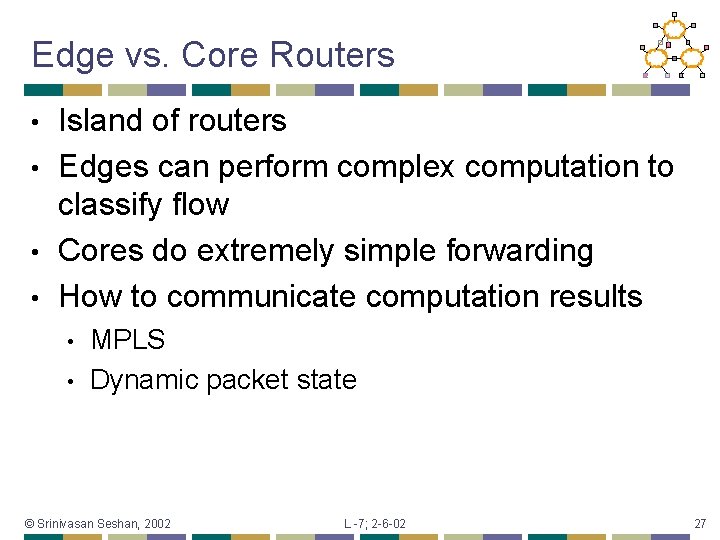 Edge vs. Core Routers Island of routers • Edges can perform complex computation to