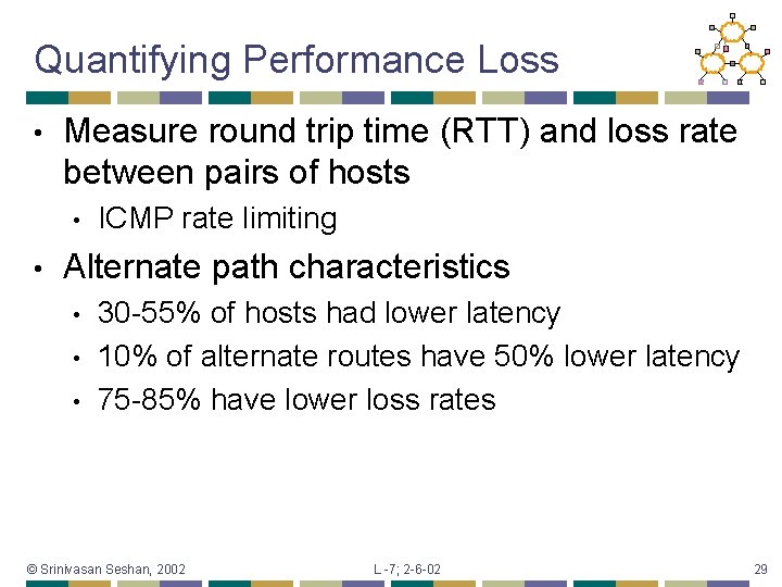 Quantifying Performance Loss • Measure round trip time (RTT) and loss rate between pairs