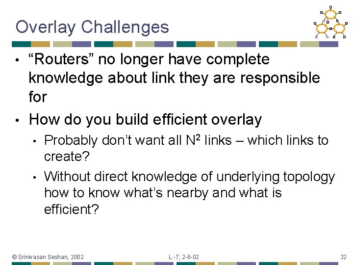 Overlay Challenges “Routers” no longer have complete knowledge about link they are responsible for