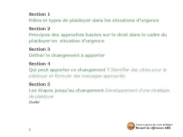 Section 1 Rôles et types de plaidoyer dans les situations d’urgence Section 2 Principes