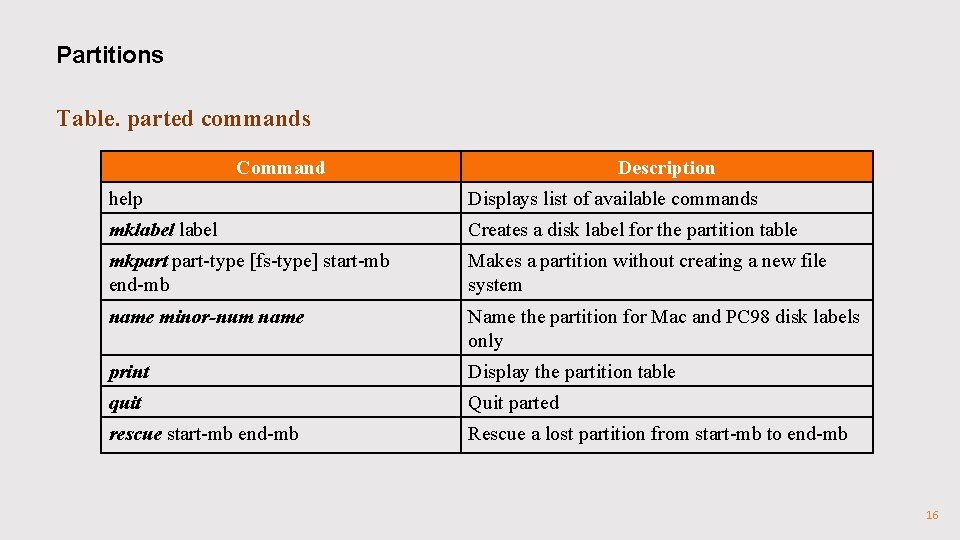 Partitions Table. parted commands Command Description help Displays list of available commands mklabel Creates Partitions Table. parted commands Command Description help Displays list of available commands mklabel Creates