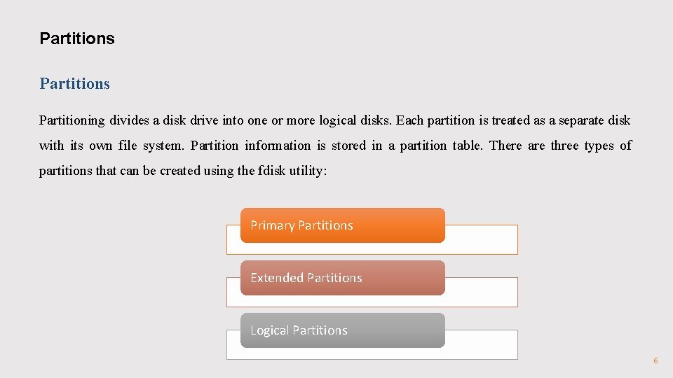 Partitions Partitioning divides a disk drive into one or more logical disks. Each partition Partitions Partitioning divides a disk drive into one or more logical disks. Each partition
