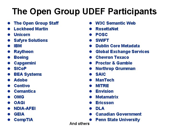 The Open Group UDEF Participants l l l l l The Open Group Staff