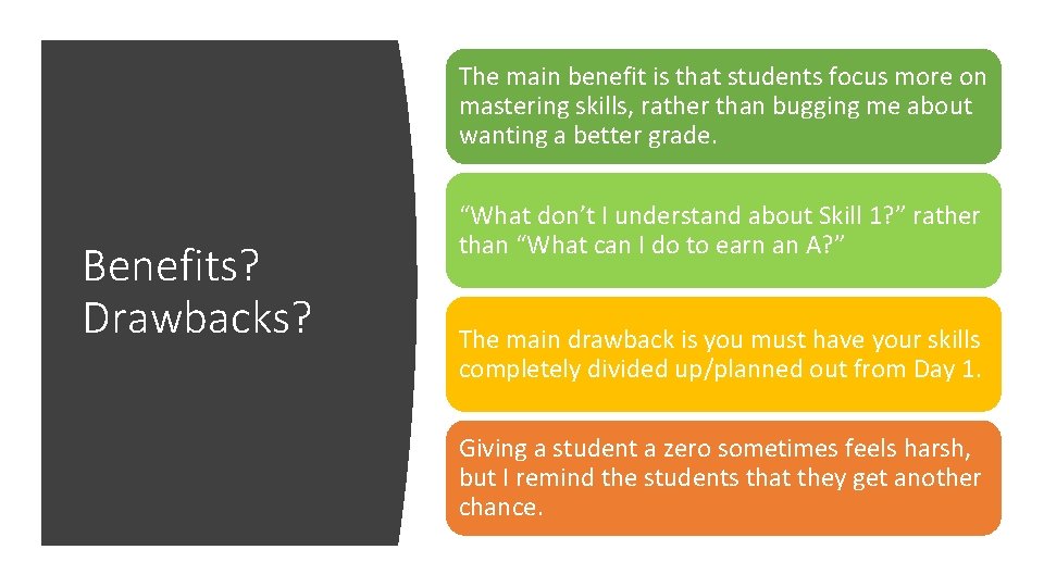 The main benefit is that students focus more on mastering skills, rather than bugging