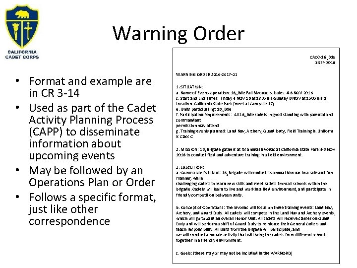 Warning Order CACC-16 th Bde 3 SEP 2016 • Format and example are in