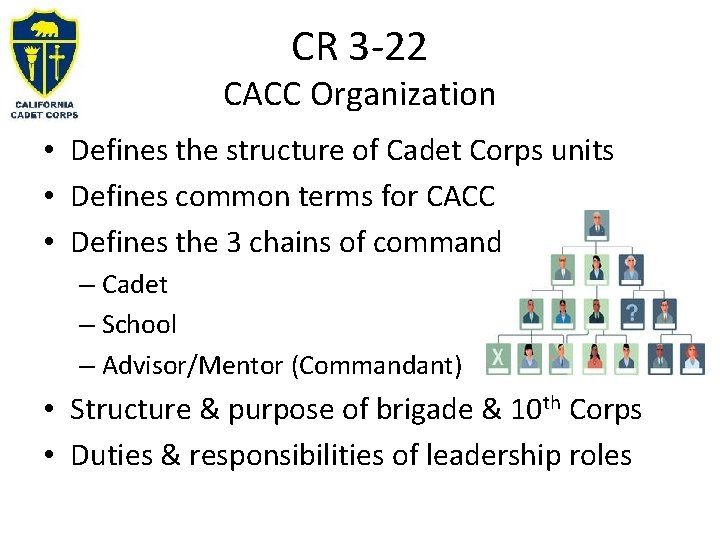 CR 3 -22 CACC Organization • Defines the structure of Cadet Corps units •