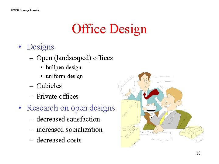 © 2010 Cengage Learning Office Design • Designs – Open (landscaped) offices • bullpen