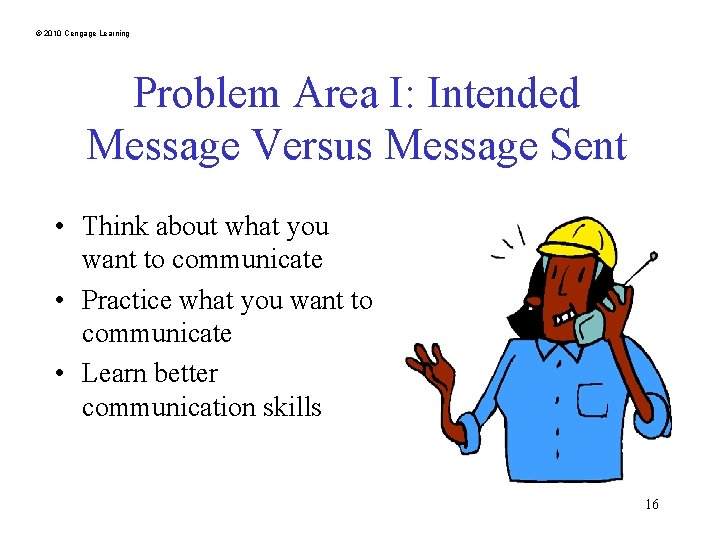 © 2010 Cengage Learning Problem Area I: Intended Message Versus Message Sent • Think