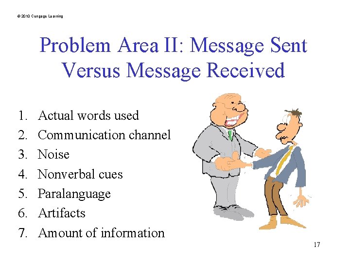 © 2010 Cengage Learning Problem Area II: Message Sent Versus Message Received 1. 2.