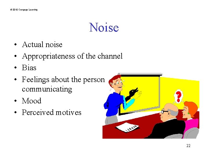 © 2010 Cengage Learning Noise • • Actual noise Appropriateness of the channel Bias