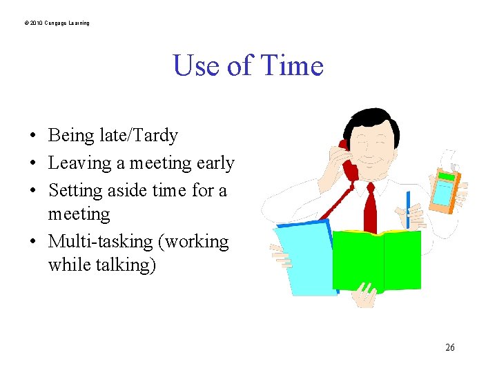 © 2010 Cengage Learning Use of Time • Being late/Tardy • Leaving a meeting