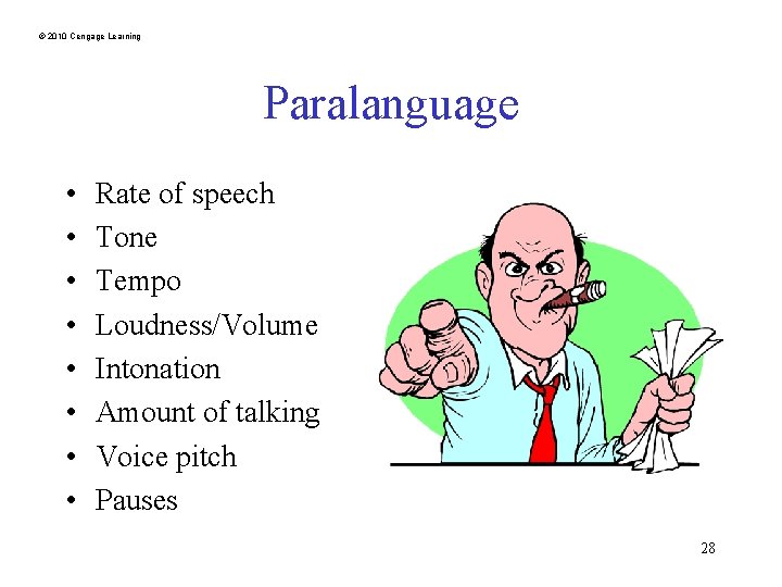 © 2010 Cengage Learning Paralanguage • • Rate of speech Tone Tempo Loudness/Volume Intonation