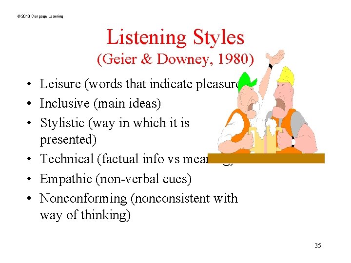 © 2010 Cengage Learning Listening Styles (Geier & Downey, 1980) • Leisure (words that