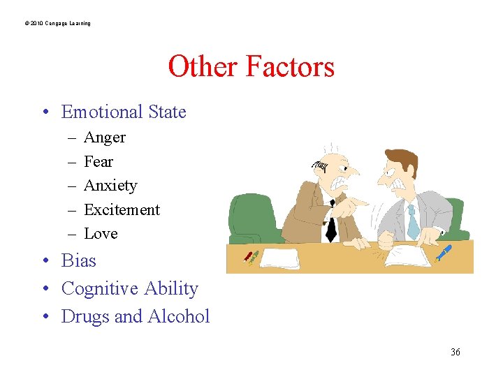© 2010 Cengage Learning Other Factors • Emotional State – – – Anger Fear