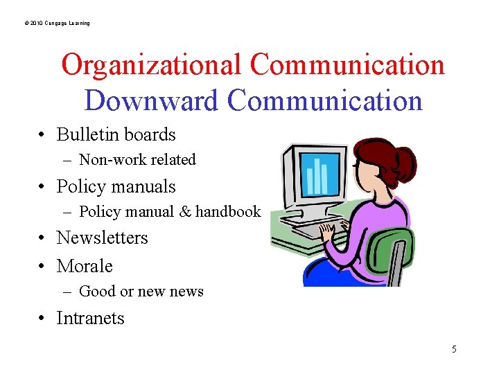 © 2010 Cengage Learning Organizational Communication Downward Communication • Bulletin boards – Non-work related