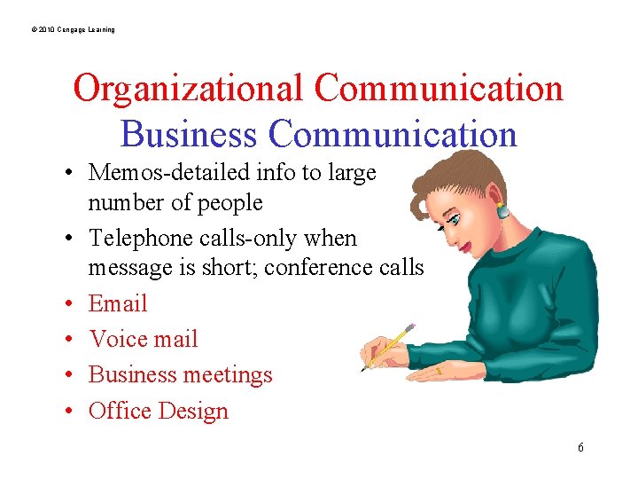 © 2010 Cengage Learning Organizational Communication Business Communication • Memos-detailed info to large number