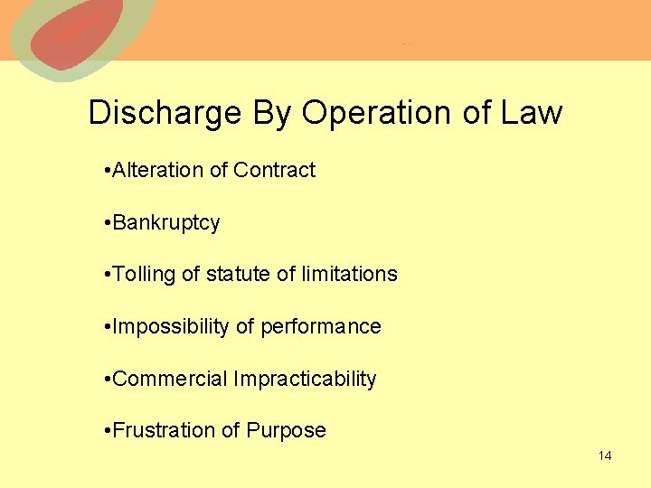 Discharge By Operation of Law • Alteration of Contract • Bankruptcy • Tolling of