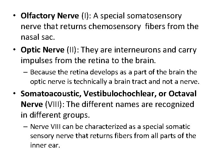  • Olfactory Nerve (I): A special somatosensory nerve that returns chemosensory fibers from
