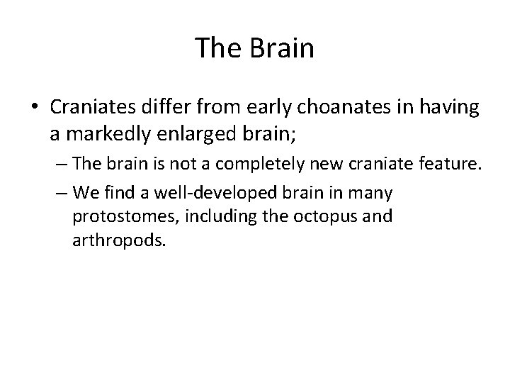 The Brain • Craniates differ from early choanates in having a markedly enlarged brain;