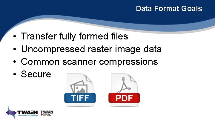 Data Format Goals • • Transfer fully formed files Uncompressed raster image data Common