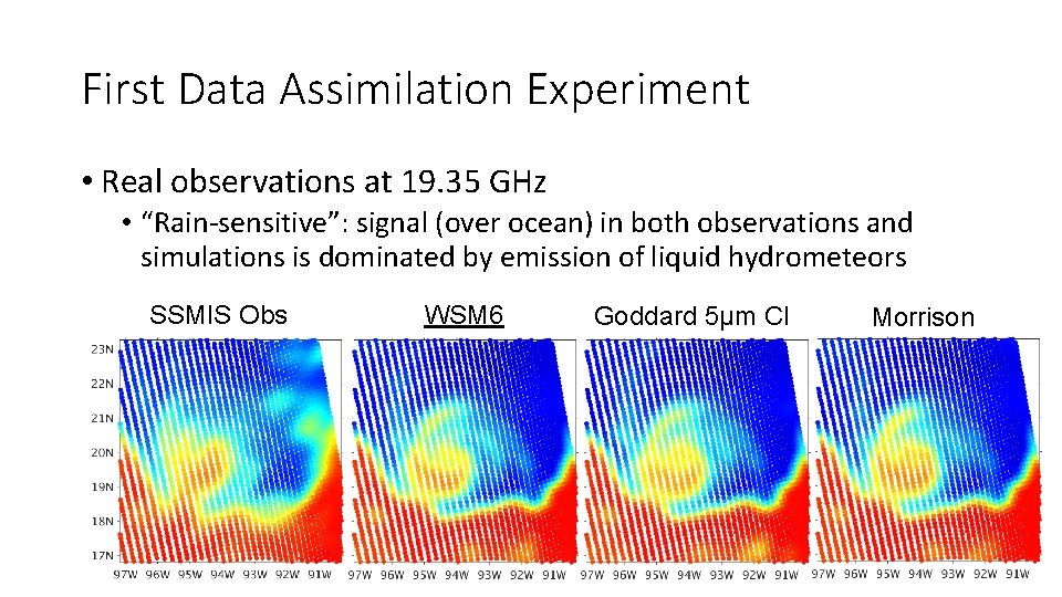 First Data Assimilation Experiment • Real observations at 19. 35 GHz • “Rain-sensitive”: signal First Data Assimilation Experiment • Real observations at 19. 35 GHz • “Rain-sensitive”: signal