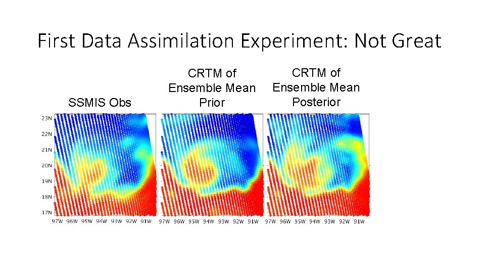 First Data Assimilation Experiment: Not Great SSMIS Obs CRTM of Ensemble Mean Prior CRTM First Data Assimilation Experiment: Not Great SSMIS Obs CRTM of Ensemble Mean Prior CRTM