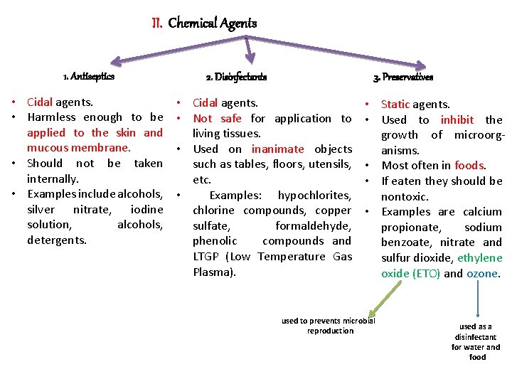II. Chemical Agents 1. Antiseptics • Cidal agents. • Harmless enough to be applied