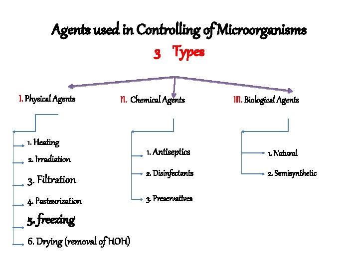 Agents used in Controlling of Microorganisms 3 Types I. Physical Agents II. Chemical Agents