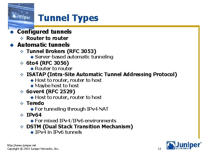 Tunnel Types u Configured tunnels v u Router to router Automatic tunnels v Tunnel