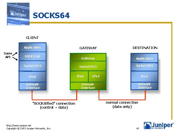 SOCKS 64 CLIENT Application Same API SOCKS Lib Socket DNS IPv 6 Network Interface