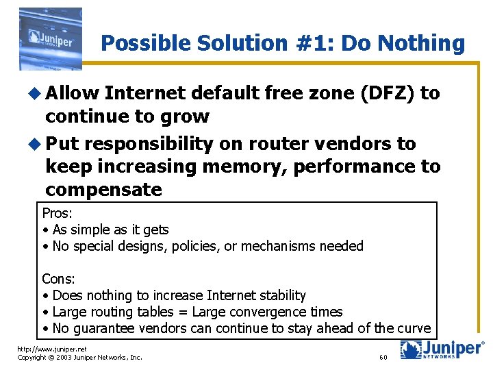 Possible Solution #1: Do Nothing u Allow Internet default free zone (DFZ) to continue