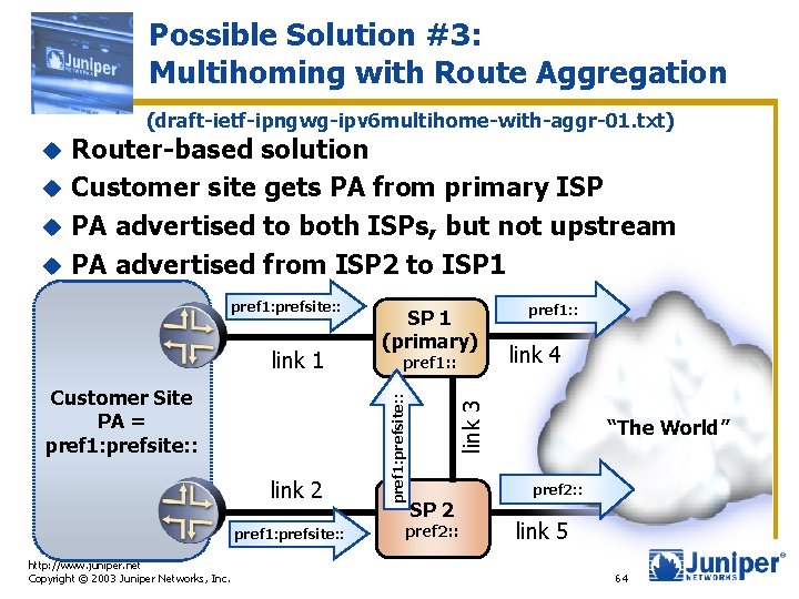 Possible Solution #3: Multihoming with Route Aggregation (draft-ietf-ipngwg-ipv 6 multihome-with-aggr-01. txt) Router-based solution u