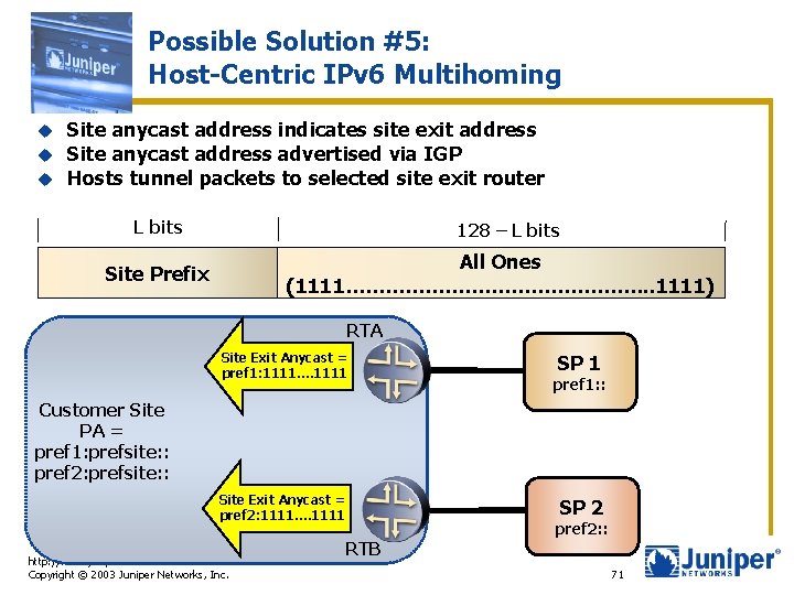 Possible Solution #5: Host-Centric IPv 6 Multihoming u u u Site anycast address indicates