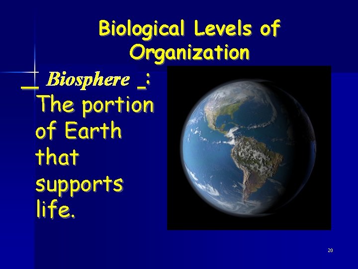 Biological Levels of Organization Biosphere _____: The portion of Earth that supports life. 20