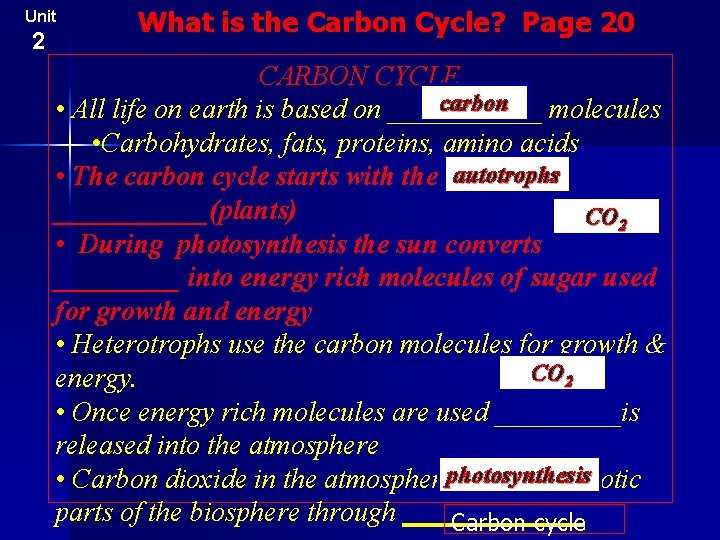 Unit 2 What is the Carbon Cycle? Page 20 CARBON CYCLE carbon • All