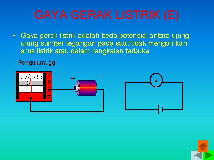 GAYA GERAK LISTRIK (E) • Gaya gerak listrik adalah beda potensial antara ujung sumber