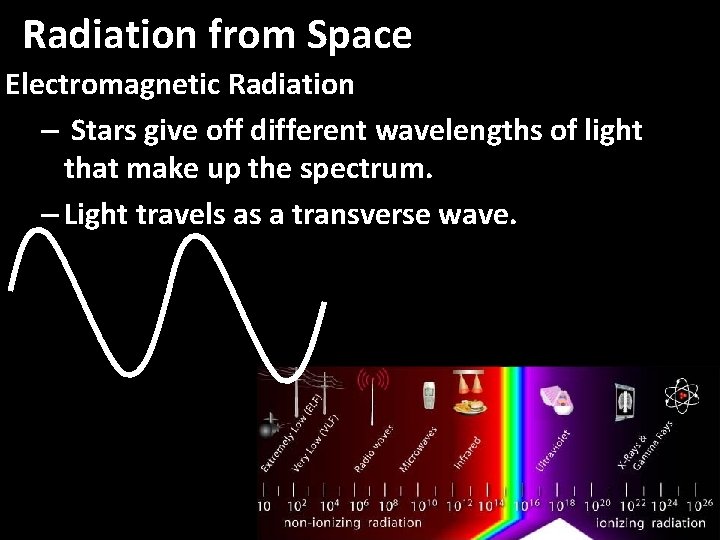 Radiation from Space Electromagnetic Radiation – Stars give off different wavelengths of light that