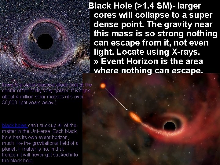 Black Hole (>1. 4 SM)- larger cores will collapse to a super dense point.