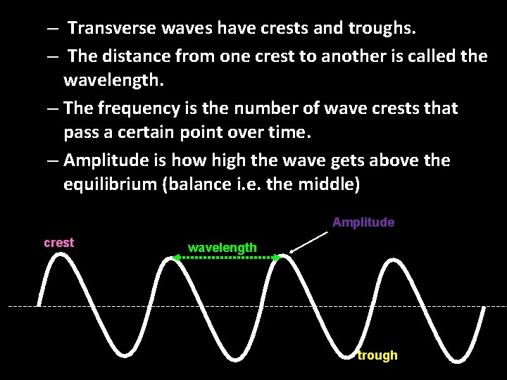 – Transverse waves have crests and troughs. – The distance from one crest to