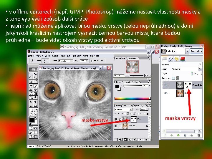  • v offline editorech (např. GIMP. Photoshop) můžeme nastavit vlastnosti masky a z