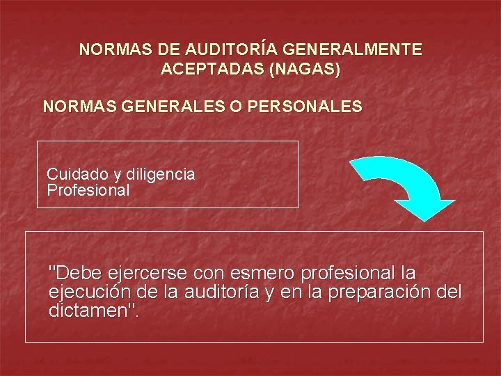NORMAS DE AUDITORÍA GENERALMENTE ACEPTADAS (NAGAS) NORMAS GENERALES O PERSONALES Cuidado y diligencia Profesional