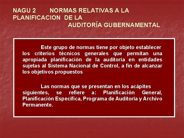 NAGU 2 NORMAS RELATIVAS A LA PLANIFICACION DE LA AUDITORÍA GUBERNAMENTAL Este grupo de