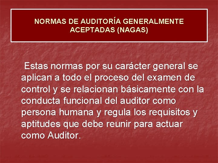 NORMAS DE AUDITORÍA GENERALMENTE ACEPTADAS (NAGAS) Estas normas por su carácter general se aplican