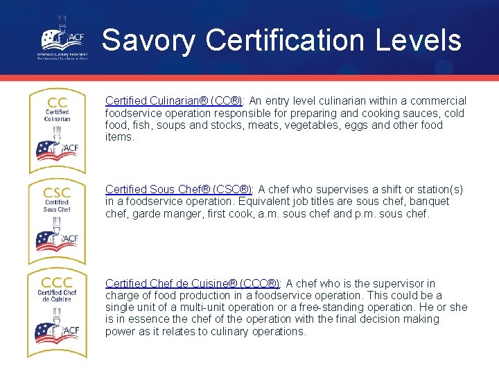 Savory Certification Levels Certified Culinarian® (CC®): An entry level culinarian within a commercial foodservice