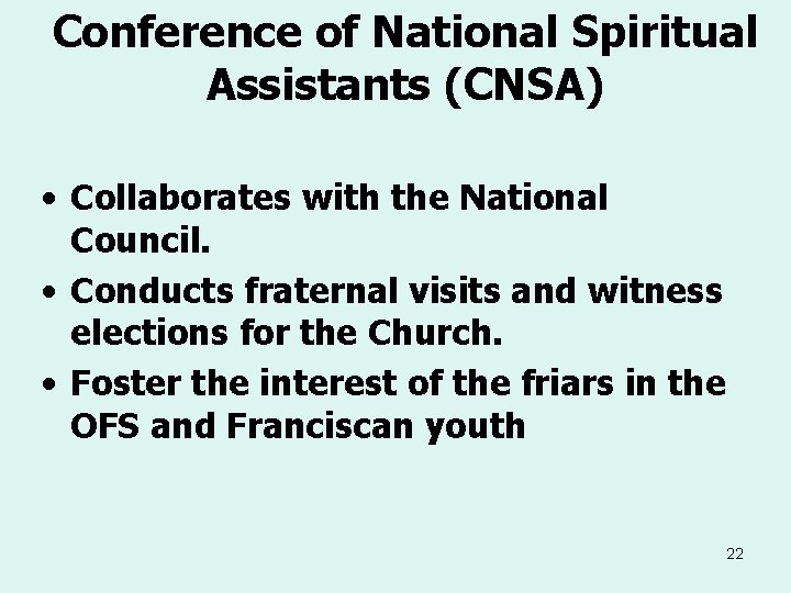 Conference of National Spiritual Assistants (CNSA) • Collaborates with the National Council. • Conducts